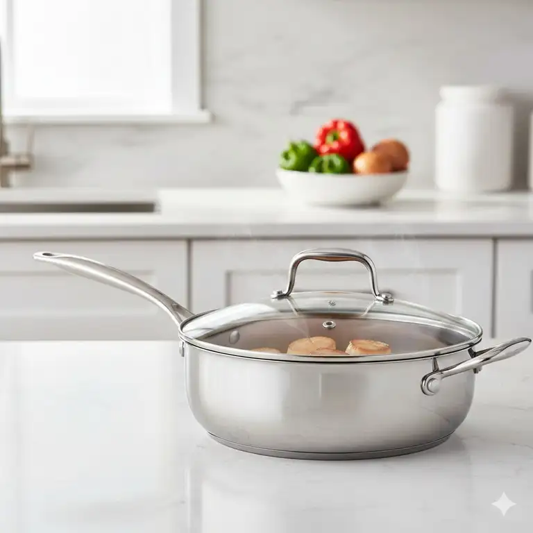 A premium stainless steel 3 qt saute pan with a glass lid on a modern kitchen counter.