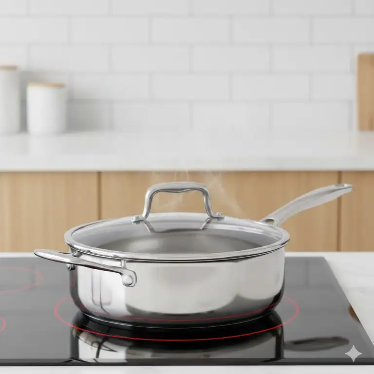A high-quality stainless steel 4 qt saute pan with a tempered glass lid sitting on a modern induction cooktop.
