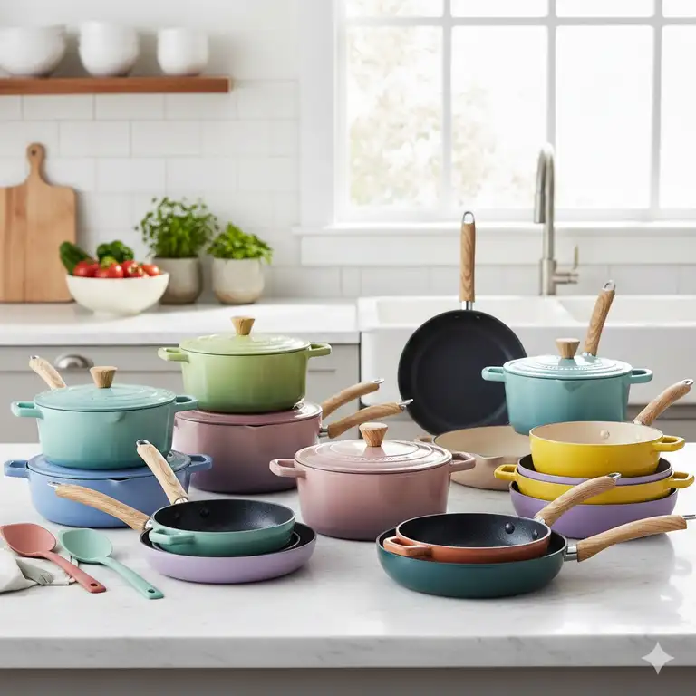 A premium collection of vibrant colorful cookware sets displayed on a modern kitchen counter.