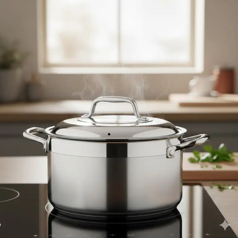 A premium 6-quart dutch oven stainless steel pot with a polished finish on a modern stovetop.