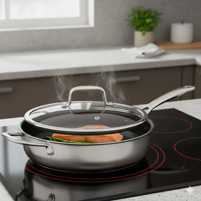 A premium stainless steel non stick saute pan with a glass lid placed on a modern induction stovetop.