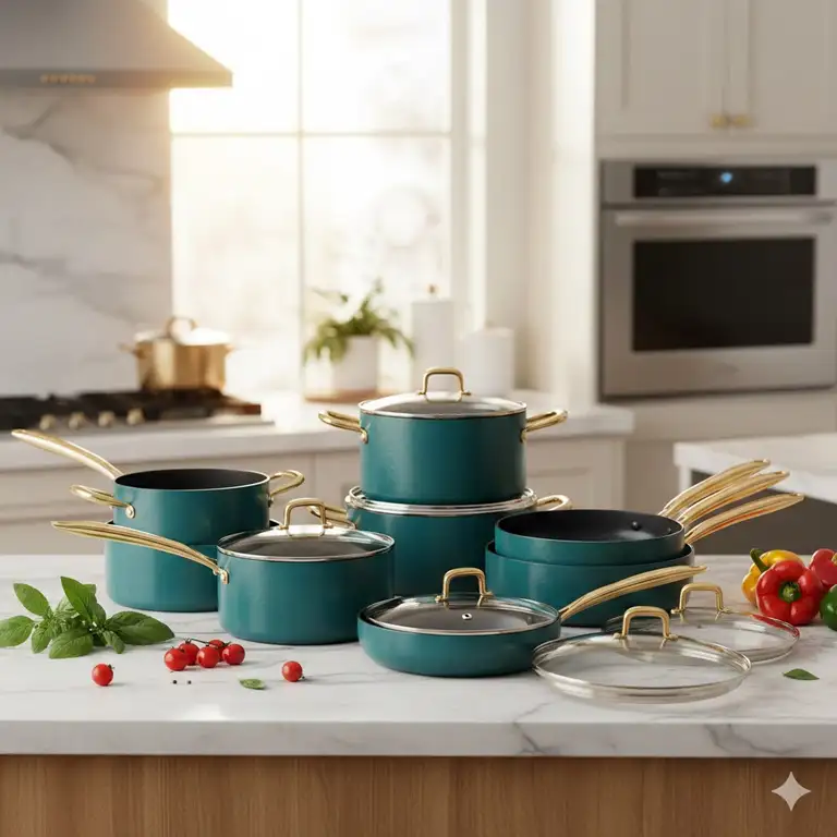 A complete luxury teal pots and pans set displayed on a marble kitchen countertop.