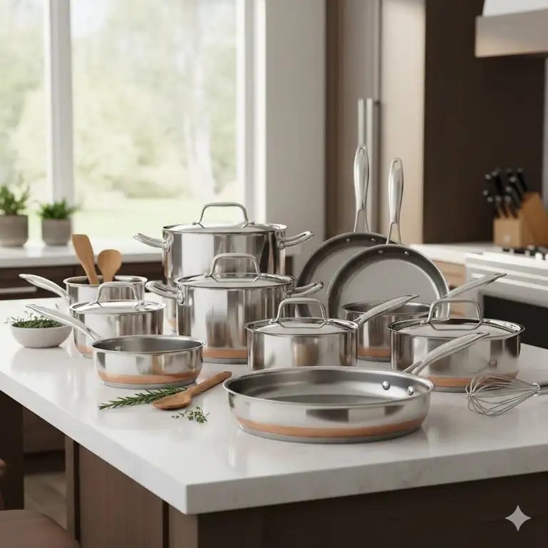 A luxury kitchen setting featuring a complete viking cookware professional 5-ply stainless steel set on a white marble countertop.