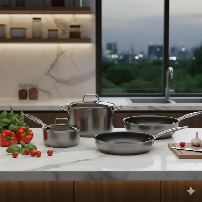 A complete set of premium titanium cookware arranged on a modern marble countertop in a bright kitchen.