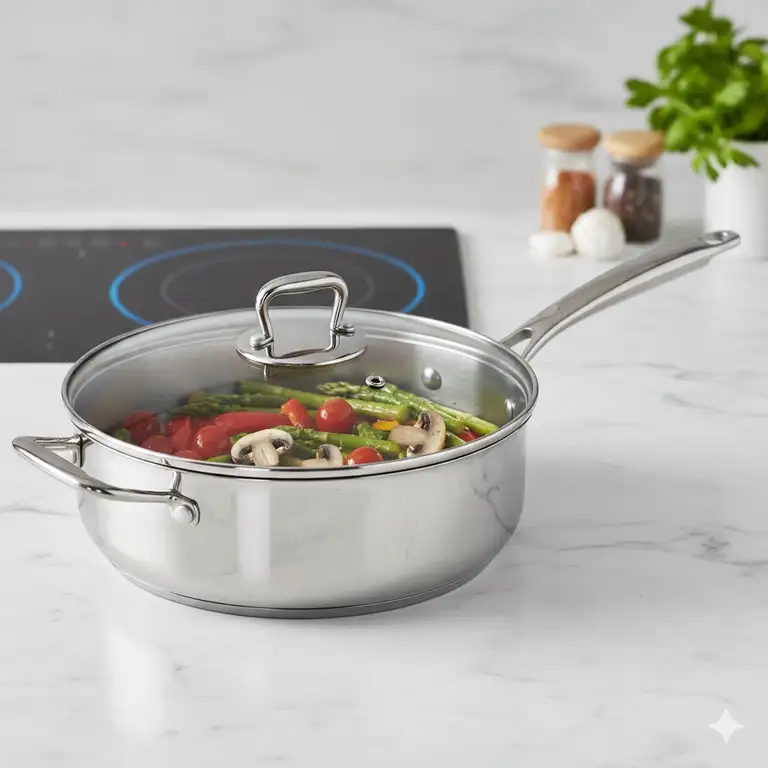 A professional shot of a stainless steel 5 qt saute pan with a glass lid on a marble countertop.