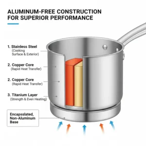 Detailed cross-section diagram of the best stainless steel cookware without aluminum showing titanium and copper core layers.