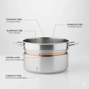 Detailed cross-section showing the multi-ply layers of a high-quality dutch oven stainless steel base.