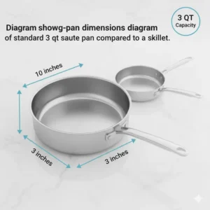 A detailed diagram showing the specific height and width dimensions of a 3 qt saute pan.