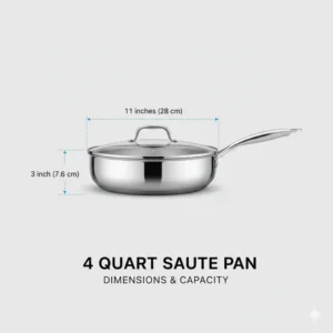 A technical diagram showing the measurements of a 4 qt saute pan, including the 11-inch diameter and 3-inch depth.