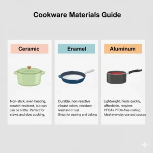Comparison chart showing different materials used in popular colorful cookware sets for home chefs.