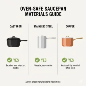 A detailed guide showing different materials used for saucepans that can go in the oven like cast iron and steel.