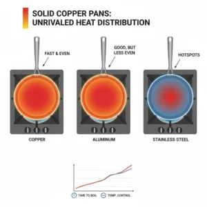 A diagram illustrating the superior heat conductivity of solid copper pans compared to aluminum and stainless steel cookware.