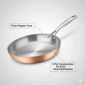 Detailed diagram of a viking cookware copper core frying pan highlighting the multi-layer heat distribution technology.