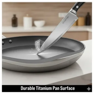 Close-up illustration showing the scratch-resistant surface of a titanium cookware pan.