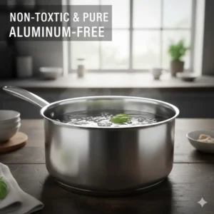 Close-up of a boiling pot from the best stainless steel cookware without aluminum emphasizing a non-toxic cooking surface.