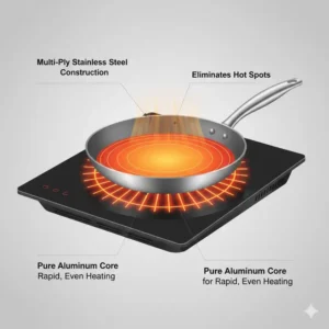 Graphics showing even heat distribution across the surface of a stainless steel non stick saute pan.
