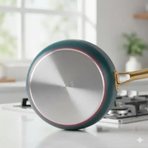 The induction-compatible base of a piece from the teal pots and pans set.