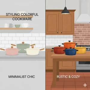 Interior design guide on how to style various colorful cookware sets in contemporary kitchens.