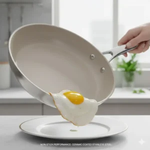 A fried egg sliding smoothly on the surface of ceramic coated stainless steel cookware.