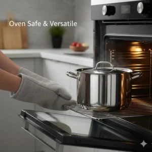 Demonstrating the heat resistance of an oven-safe dutch oven stainless steel cookware being used for baking.