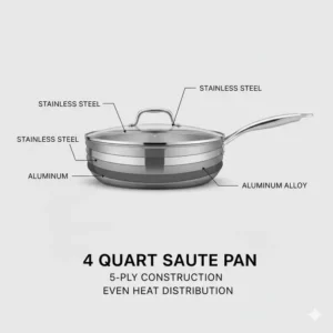 Illustration showing the multi-ply construction layers of a 4 qt saute pan for even heat distribution.