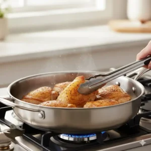 Searing organic chicken breast to perfection in a professional 3 qt saute pan.