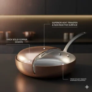 A close-up cross-section of 2.5mm solid copper pans showing the thick copper exterior and a thin protective tin lining.