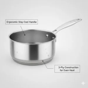 A professional viking cookware 3-ply stainless steel saucepan with an ergonomic stay-cool handle design.