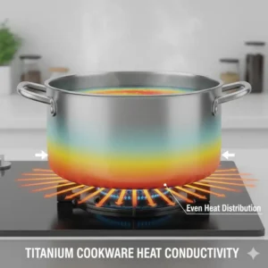 A diagram showing even heat distribution across the base of a titanium cookware pot.