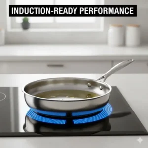 An induction cooktop heating a frying pan that belongs to the best stainless steel cookware without aluminum category.