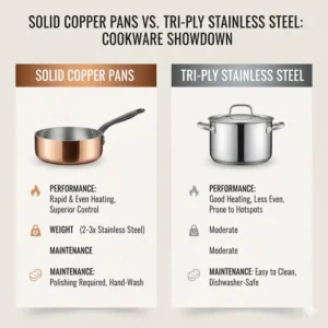 An infographic comparing the performance, weight, and maintenance requirements of solid copper pans versus tri-ply stainless steel.