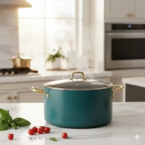 Durable tempered glass lids belonging to a premium teal pots and pans set.