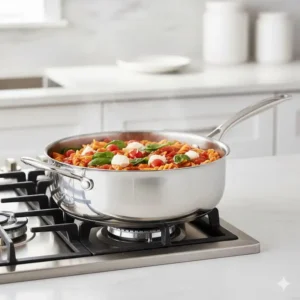 Preparing a large family pasta dinner using the high straight sides of a 3 qt saute pan.