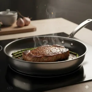 A professional chef searing a piece of meat in a stainless steel non stick saute pan without any sticking.