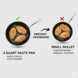 An illustration comparing the wide cooking surface of a 4 qt saute pan versus a standard skillet to prevent overcrowding.