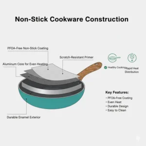 Detailed diagram showing the non-stick layers and core of high-quality colorful cookware sets.