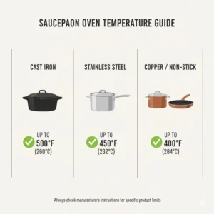 An infographic displaying the maximum temperature limits for various saucepans that can go in the oven.