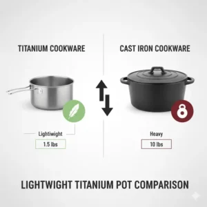 An infographic comparing the light weight of titanium cookware versus heavy cast iron.