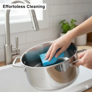 A person easily washing a dutch oven stainless steel interior to show its low-maintenance surface.