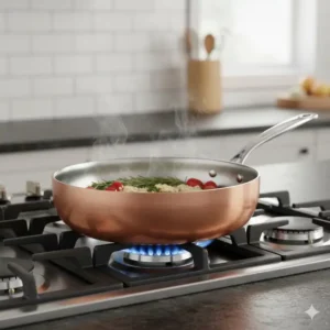 Professional solid copper pans positioned over a blue gas flame showing even heat dispersion across the base.