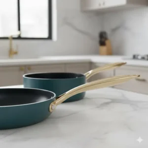 Ergonomic gold-tone handles on a stylish teal pots and pans set.