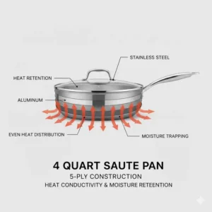 Graphic illustrating how the straight sides of a 4 qt saute pan retain heat and moisture for simmering sauces.