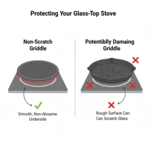 Close-up of the smooth bottom surface of a safe griddle for electric stove top to prevent glass scratches.