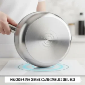 Close-up of the induction-compatible bottom of ceramic coated stainless steel cookware.