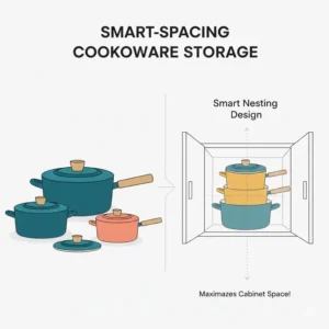 Illustration demonstrating the space-saving nesting design of modern colorful cookware sets.