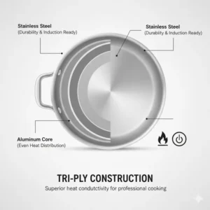 A cross-section view showing the multi-layer heat conductive material of a 3 qt saute pan.