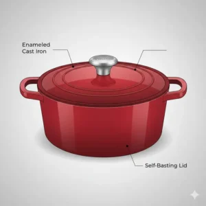 Enameled red viking cookware cast iron dutch oven featuring a durable self-basting lid.