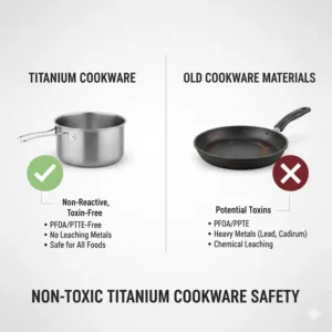 Illustration highlighting the non-reactive and toxin-free properties of pure titanium cookware.