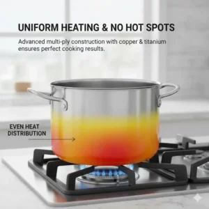 Thermal visualization of even heat retention in the best stainless steel cookware without aluminum while cooking on a gas stove.