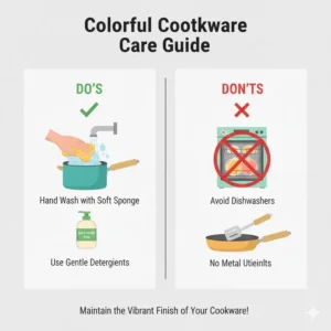 Helpful icons showing the best cleaning and care practices for your colorful cookware sets.